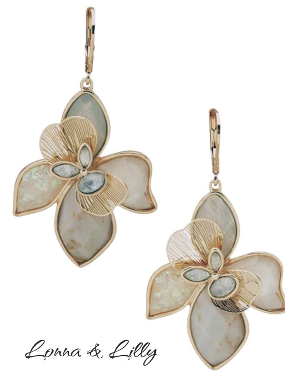Lonna & Lilly Gold Mixed Stone Flower Drop Earrings NWT